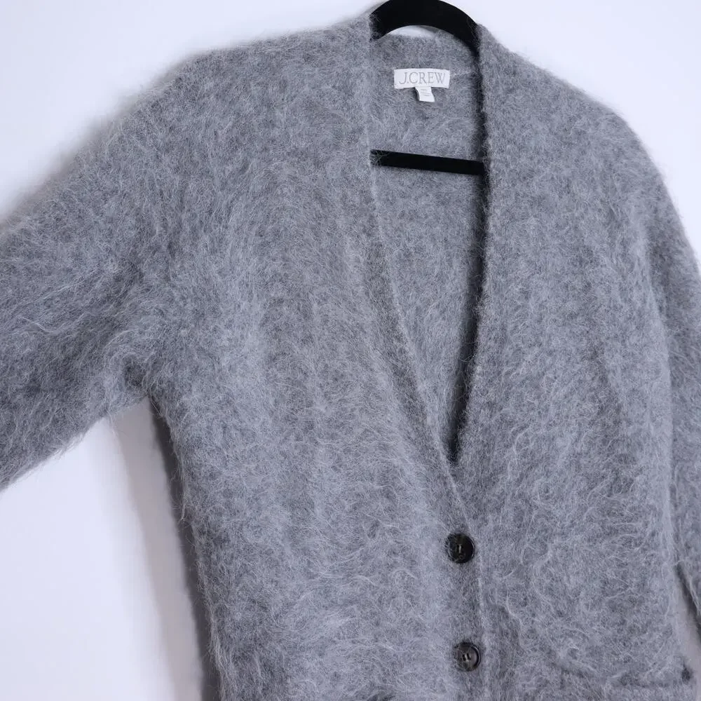 J. CREW Relaxed V Neck Cardigan Sweater Ash Gray Brushed Yarn Women's 2XS